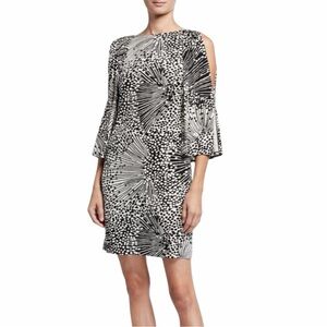 Trina Turk Kouyou Jersey Knit Shift Dress in Black White Cold Shoulder SZ Small